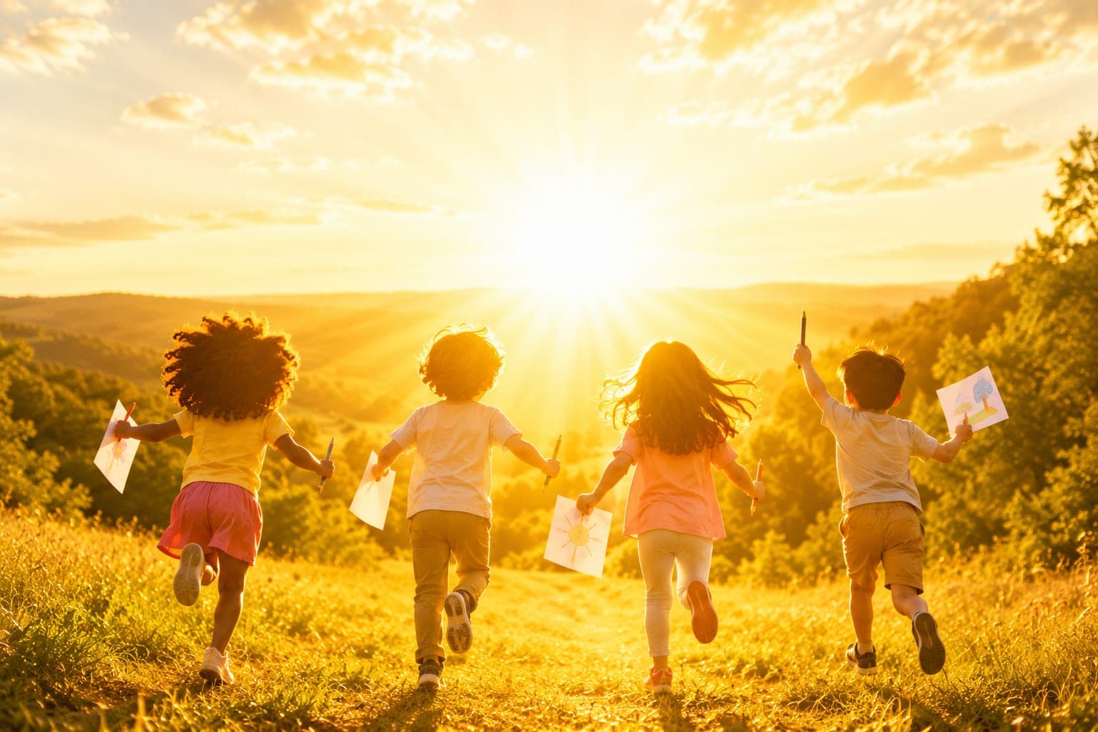 Four young children running through a sunlit meadow at golden hour, holding crayons and their finished drawings.